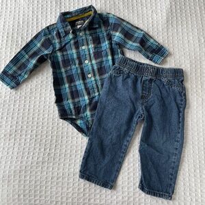 Blue Plaid OshKosh Button Up one piece w/Carters Jeans - size 18M